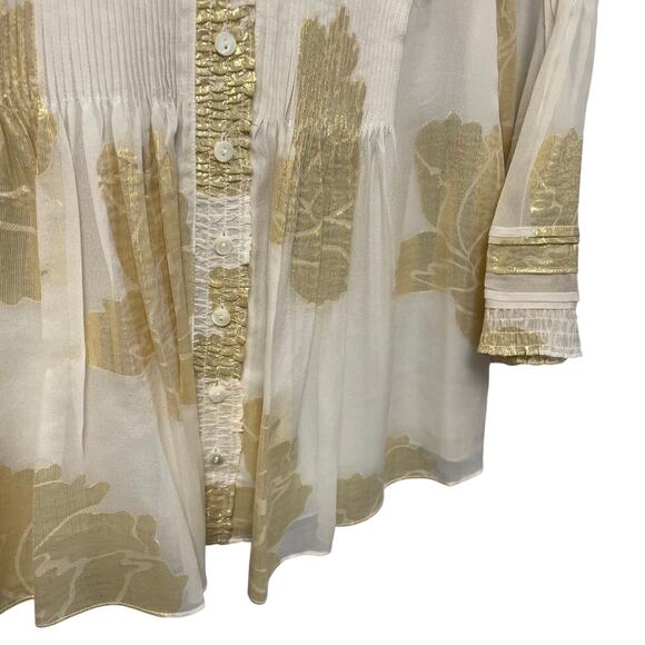 Diane von Furstenberg Ivory Gold Foil Floral Print Sheer Silk Layla Top Size 2 - Picture 2 of 10